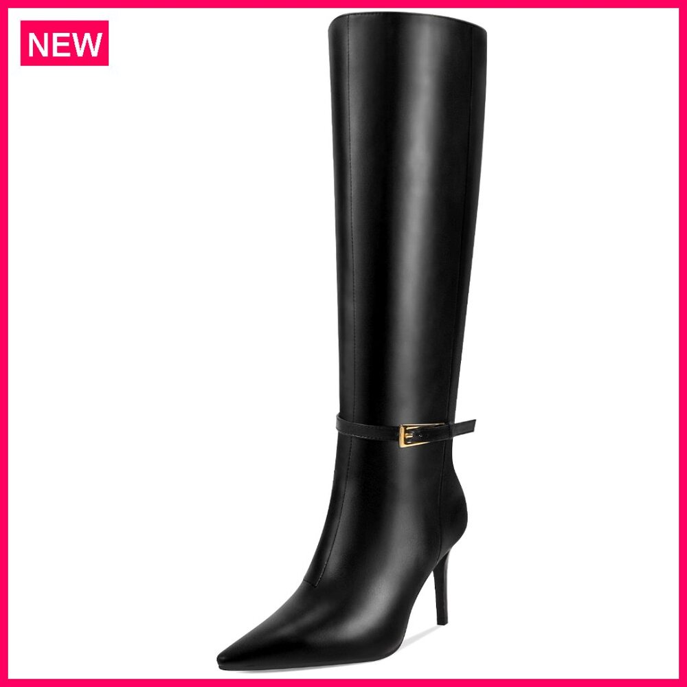 Knee High Boots Stiletto Heel Pointed Toe Metal Buckle Faux Leather